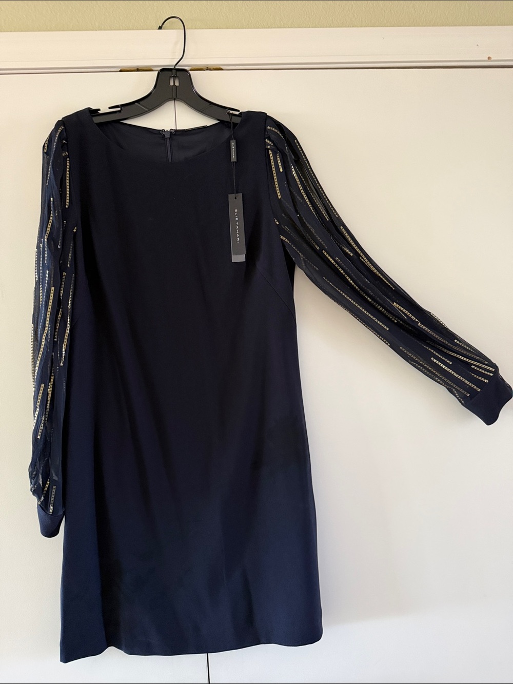 Elie Tahari Navy Long-Sleeve Dress with Gold-Accent Sheer Sleeves